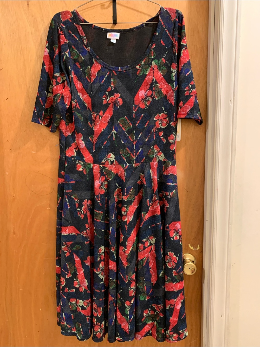 LuLaRoe Navy and Red Floral Midi Fit-and-Flare Dress